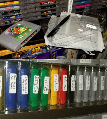 Plastic boxes for Nintendo 64 cartridges, organized video games on a shelf