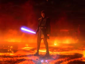 Anakin on hoverboard looking angry in Revenge of the Sith