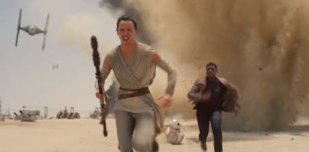 Rey and Finn running from a Tie Fighter in The Force Awakens
